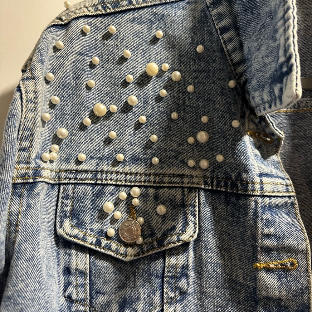 Women's XL Embroidered Pearl Denim Jean Jacket Coat - Picture 5 of 16